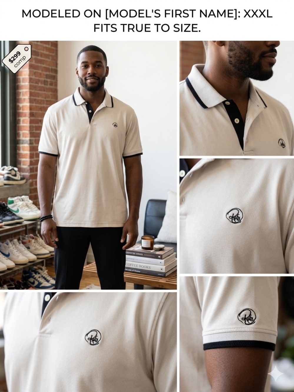 Russell Simmons Silk Blend Short Sleeve Polo Shirt Cream Black 3XL
